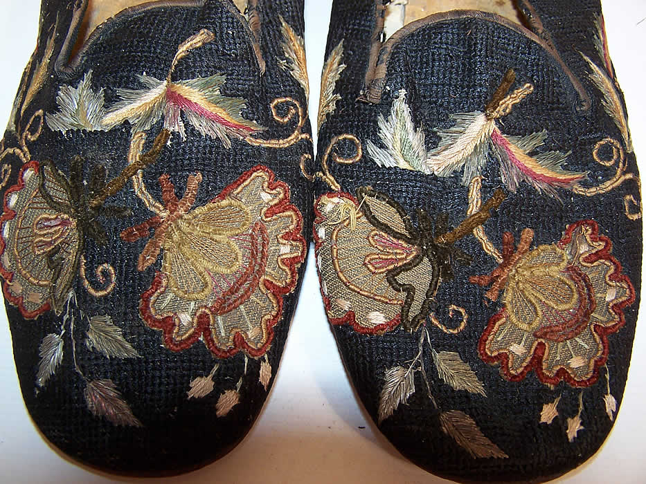 Victorian Gentlemen's Crewel Embroidery Needlepoint Slipper Shoes close up.