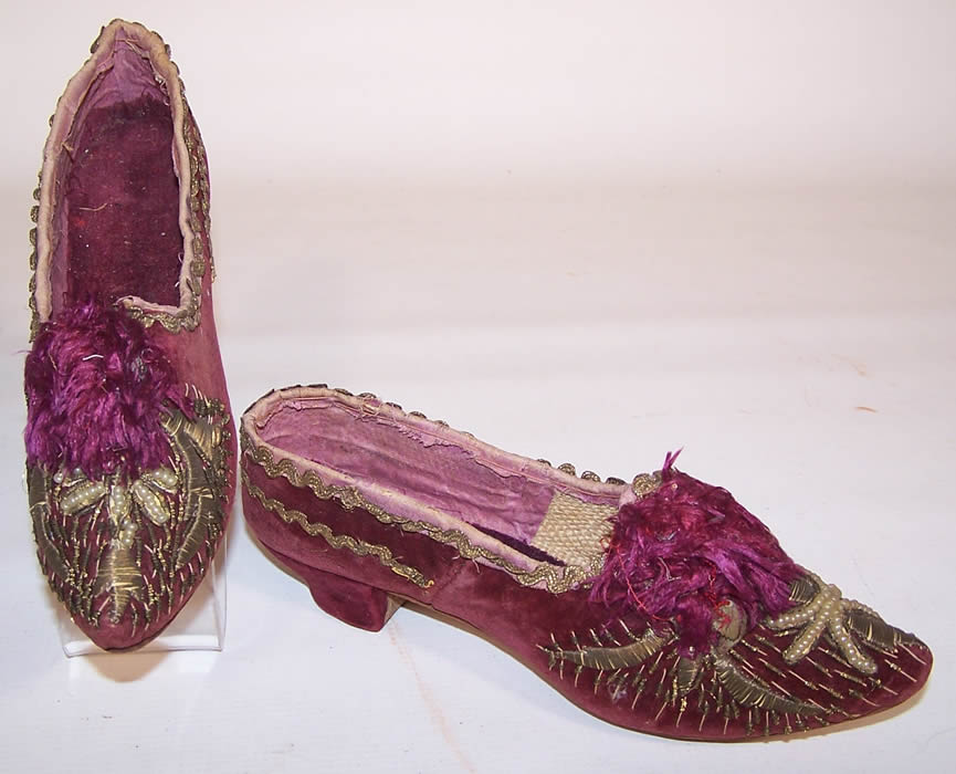 Victorian Turkish Plum Velvet Gold Gild Embroidered Pearl Beaded Shoes