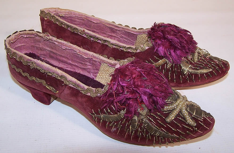 Victorian Turkish Plum Velvet Gold Gild Embroidered Pearl Beaded Shoes
