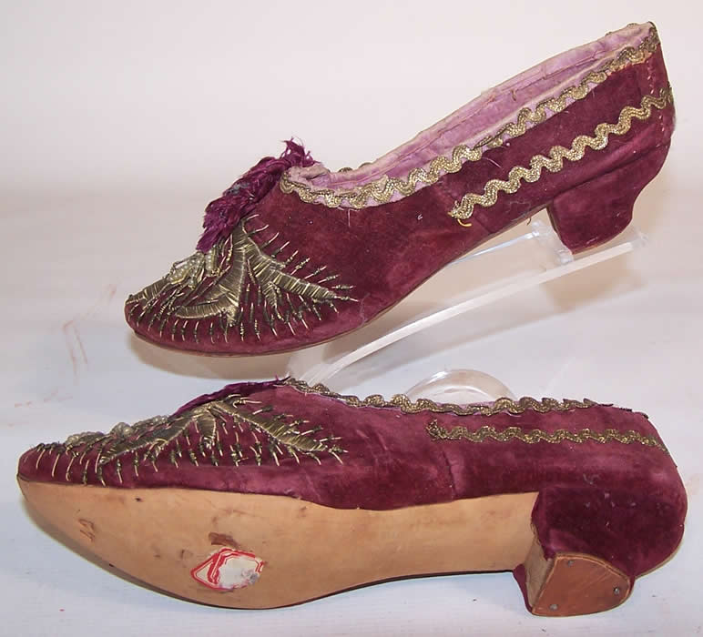 Victorian Turkish Plum Velvet Gold Gild Embroidered Pearl Beaded Shoes