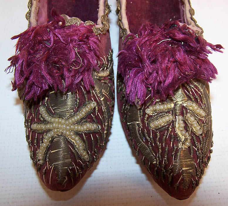 Victorian Turkish Plum Velvet Gold Gild Embroidered Pearl Beaded Shoes