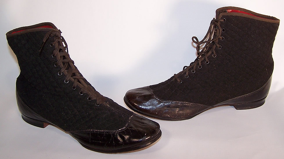 Victorian Black Leather Quilted Wool Winter High Top Lace-up Boots
