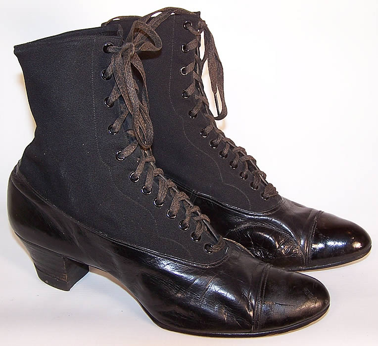 Victorian Baker & Bowman Black Leather Wool High Top Lace-up Boots