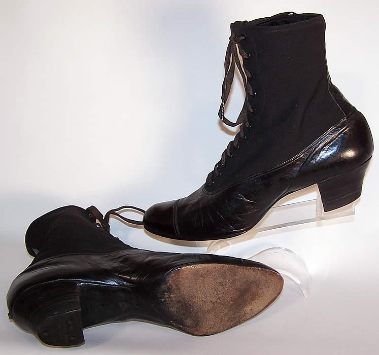 Victorian Baker & Bowman Black Leather Wool High Top Lace-up Boots
