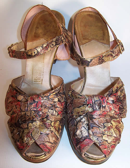 Vintage Gold Metallic Lamé Leather Platform Ankle Strap Shoes