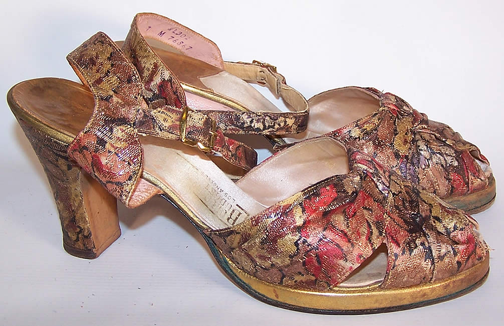 Vintage Gold Metallic Lamé Leather Platform Ankle Strap Shoes