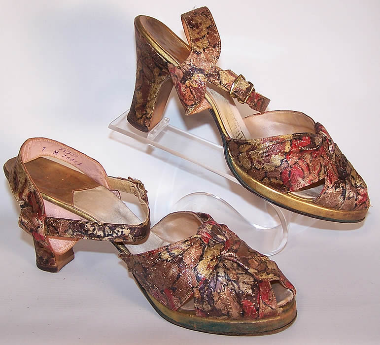 Vintage Gold Metallic Lam&eacute; Leather Platform Ankle Strap Shoes