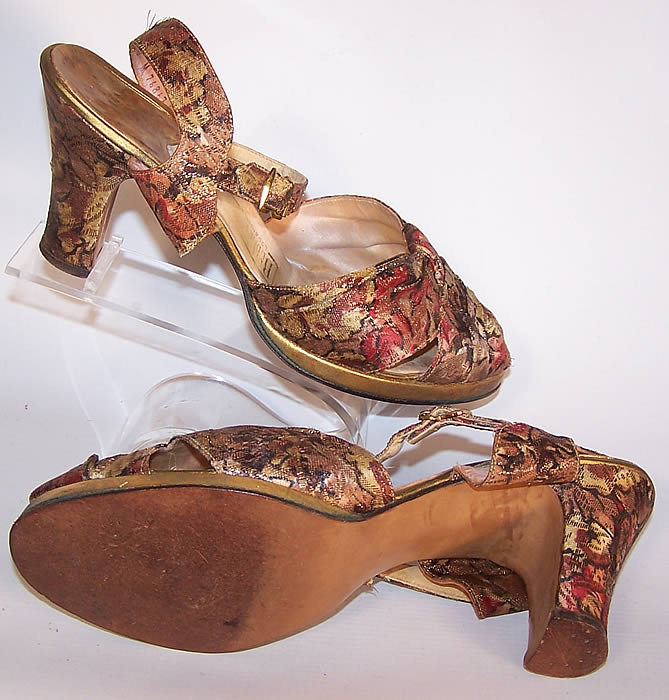 Vintage Gold Metallic Lam&eacute; Leather Platform Ankle Strap Shoes