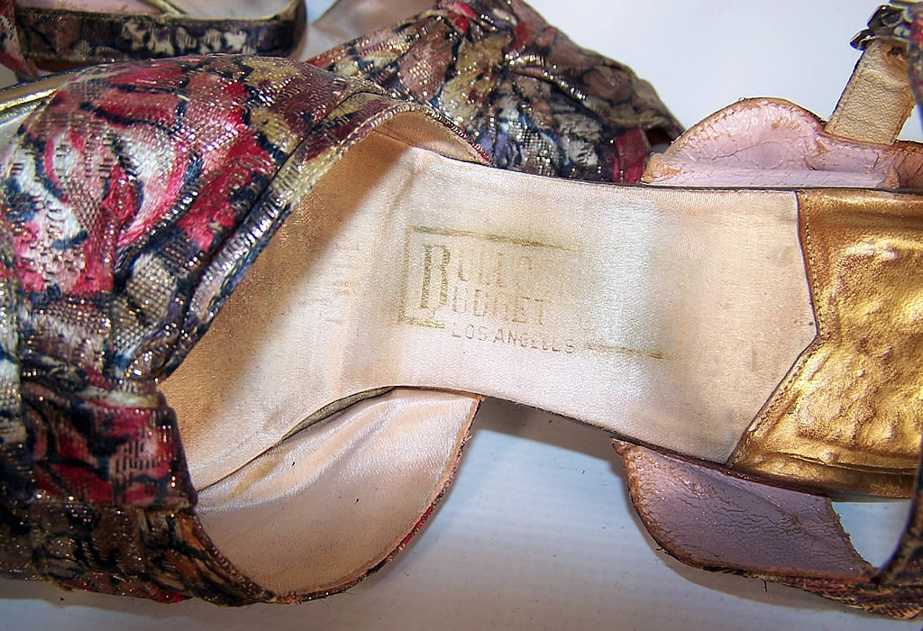  Vintage Gold Metallic Lam&eacute; Leather Platform Ankle Strap Shoes label close up.