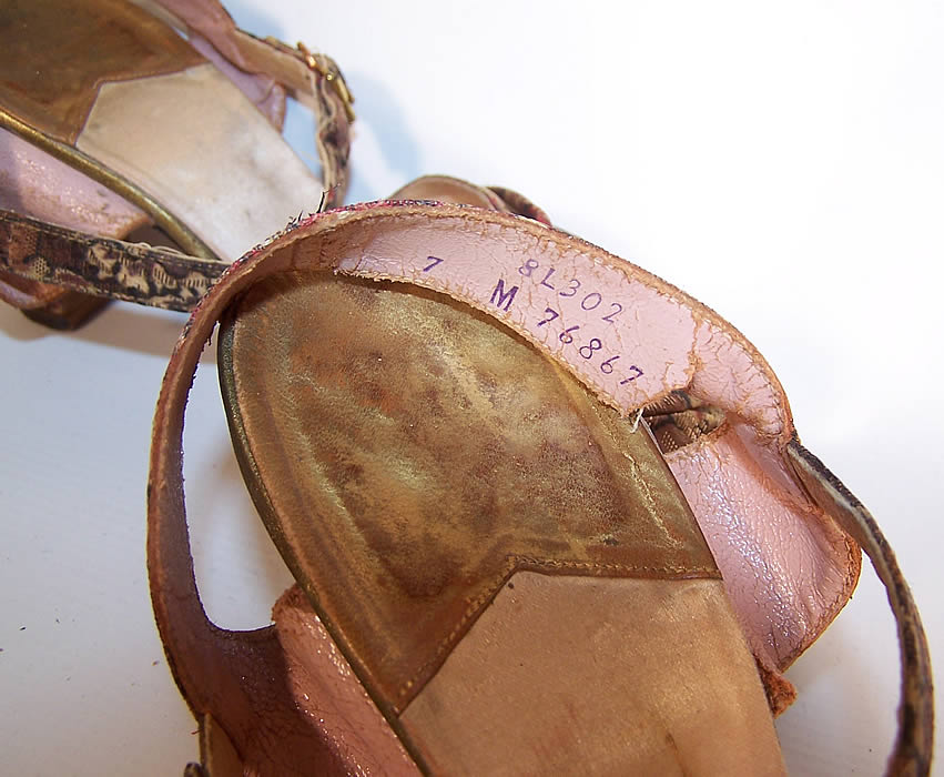 Vintage Gold Metallic Lam&eacute; Leather Platform Ankle Strap Shoes size close up.