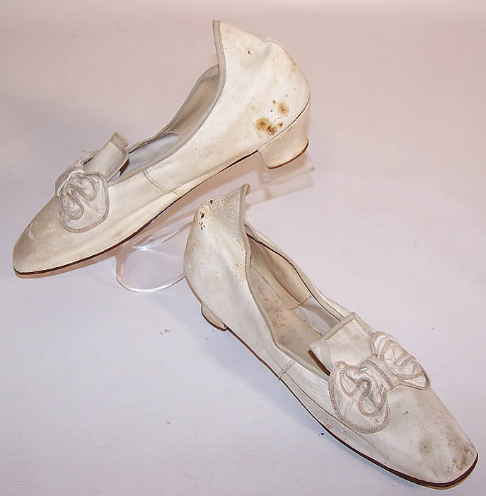 Victorian Wedding White Kid Bow Trim High Back Heel Straight Sole Shoes