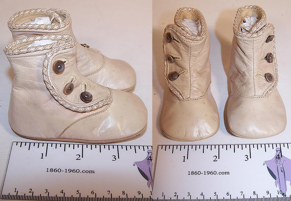Victorian Antique Beige Cream Leather High Button Baby Boots Infant Shoes