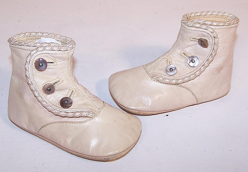 Victorian Antique Beige Cream Leather High Button Baby Boots Infant Shoes