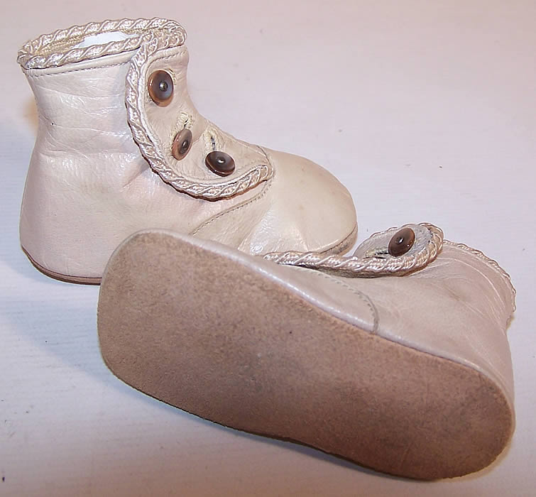 Victorian Antique Beige Cream Leather High Button Baby Boots Infant Shoes
