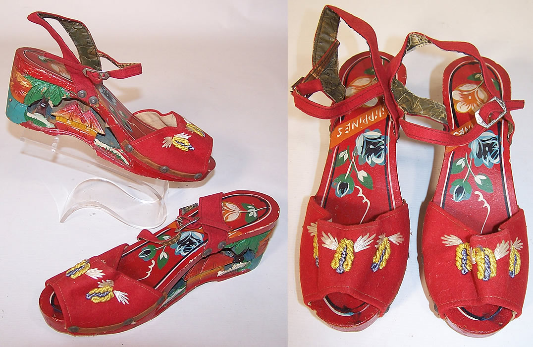 Vintage Philippines Hand Painted Carved Wooden Wedge Sandal Shoes