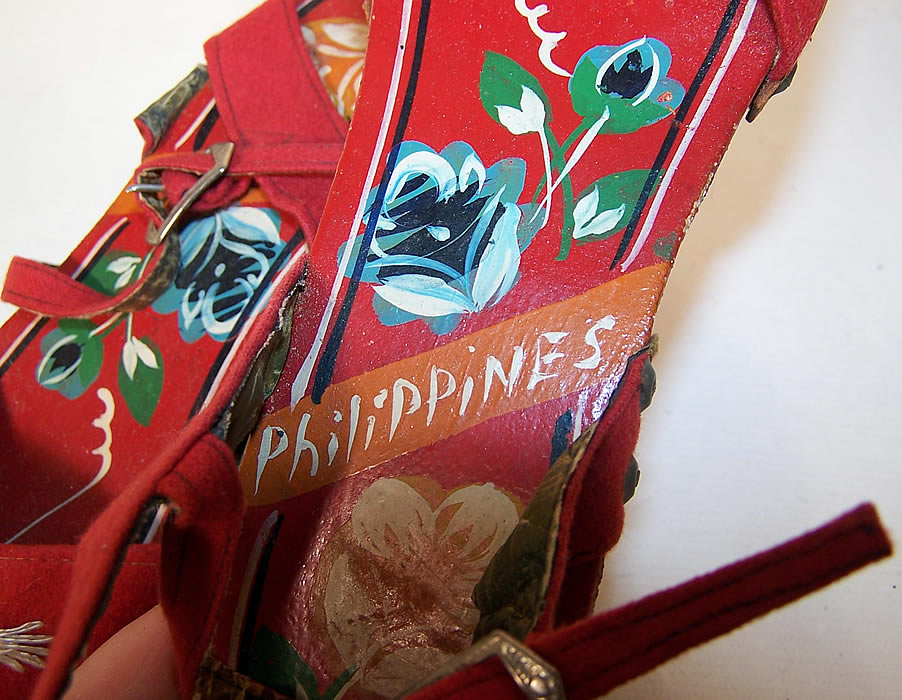 Vintage Philippines Hand Painted Carved Wooden Wedge Sandal Shoes