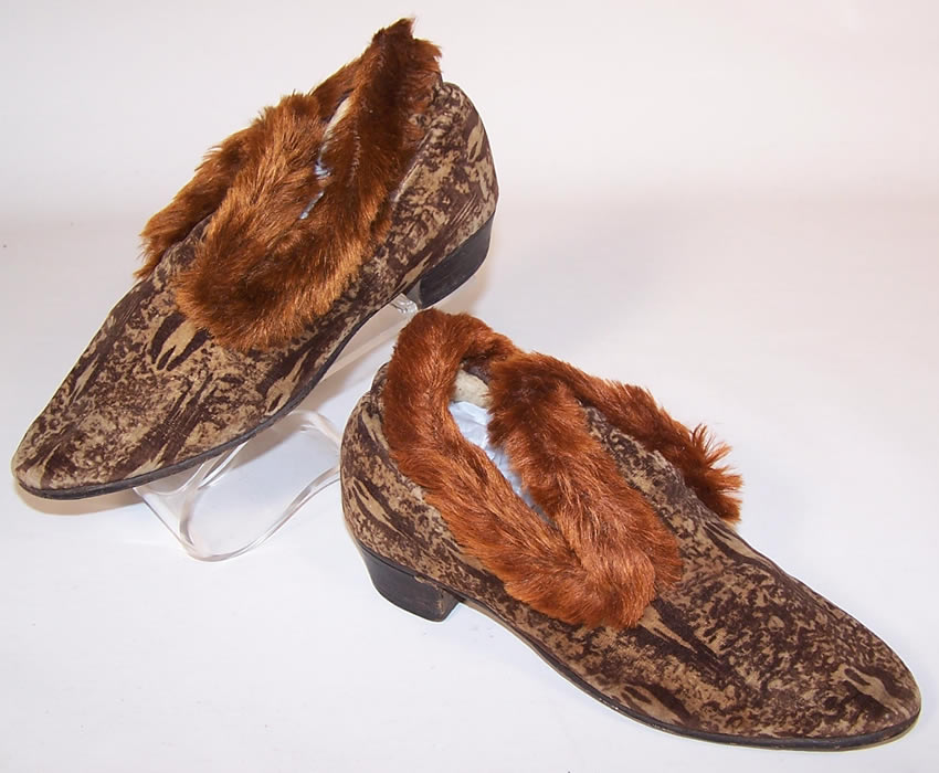 Victorian Brown Printed Velvet Mohair Trim Slipper Shoes