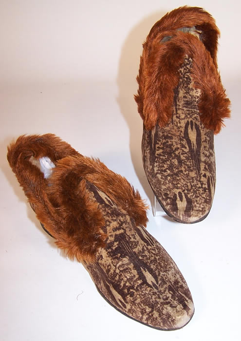 Victorian Brown Printed Velvet Mohair Trim Slipper Shoes