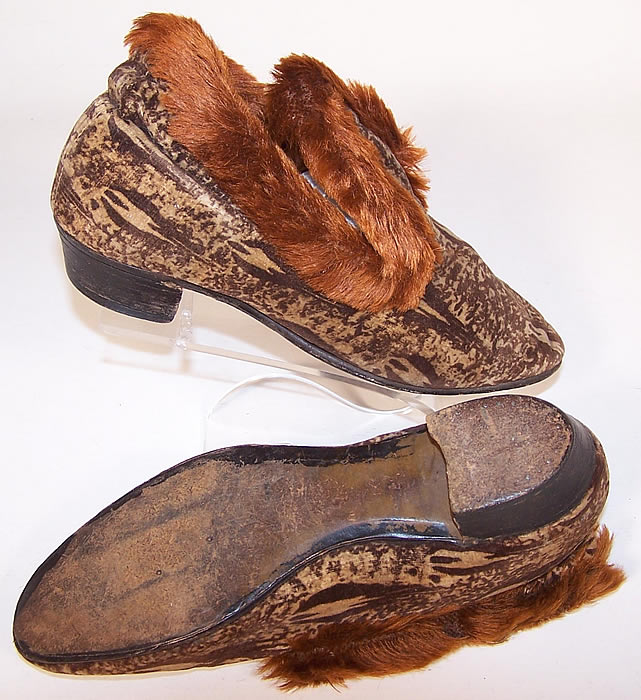 Victorian Brown Printed Velvet Mohair Trim Slipper Shoes