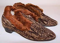 Victorian Brown Printed Velvet Mohair Trim Slipper Shoes