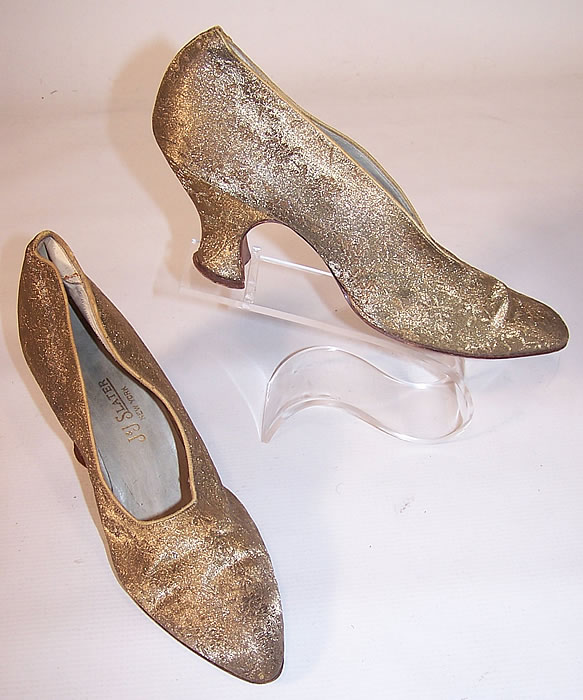 Vintage J&J Slater NY Art Deco Gold Lam&eacute; Brocade Flapper Slipper Shoes