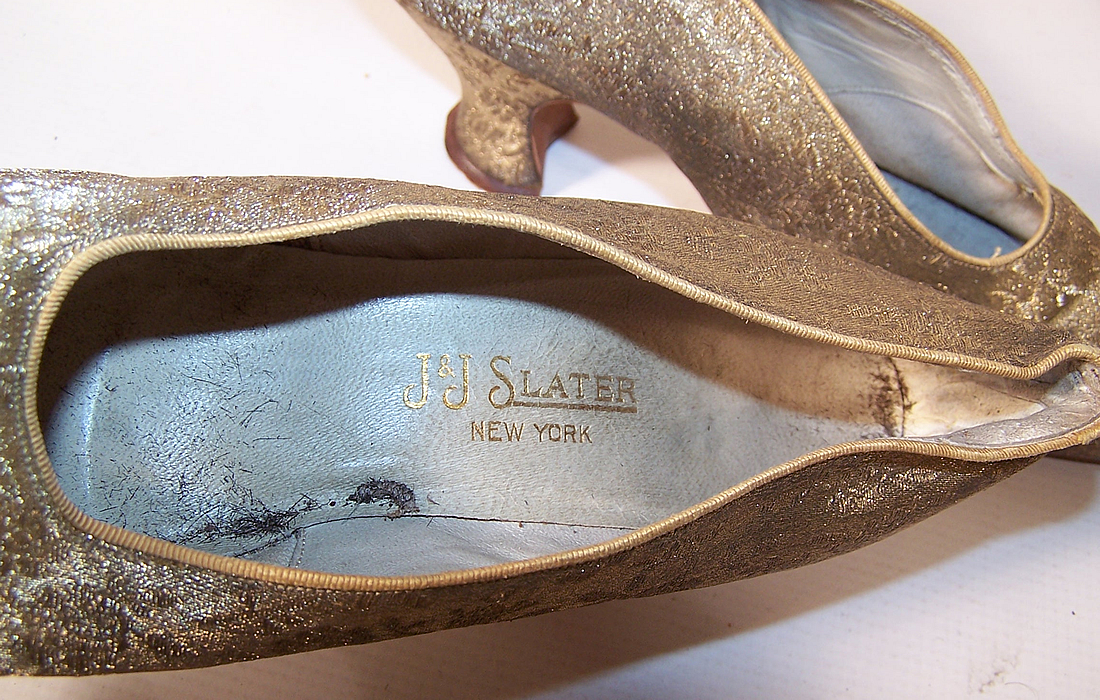 Vintage J&J Slater NY Art Deco Gold Lam&eacute; Brocade Flapper Slipper Shoes