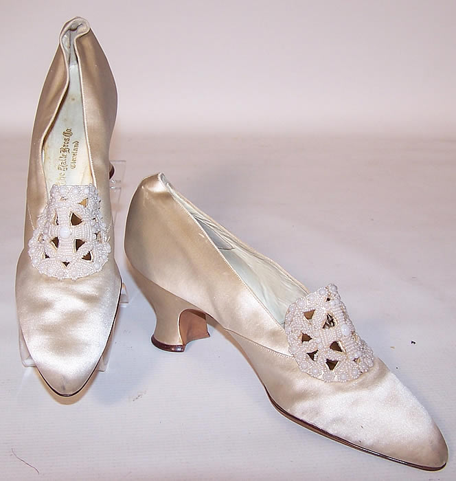 Edwardian Halle Brothers Co. White Silk Beaded Bridal Wedding Shoes