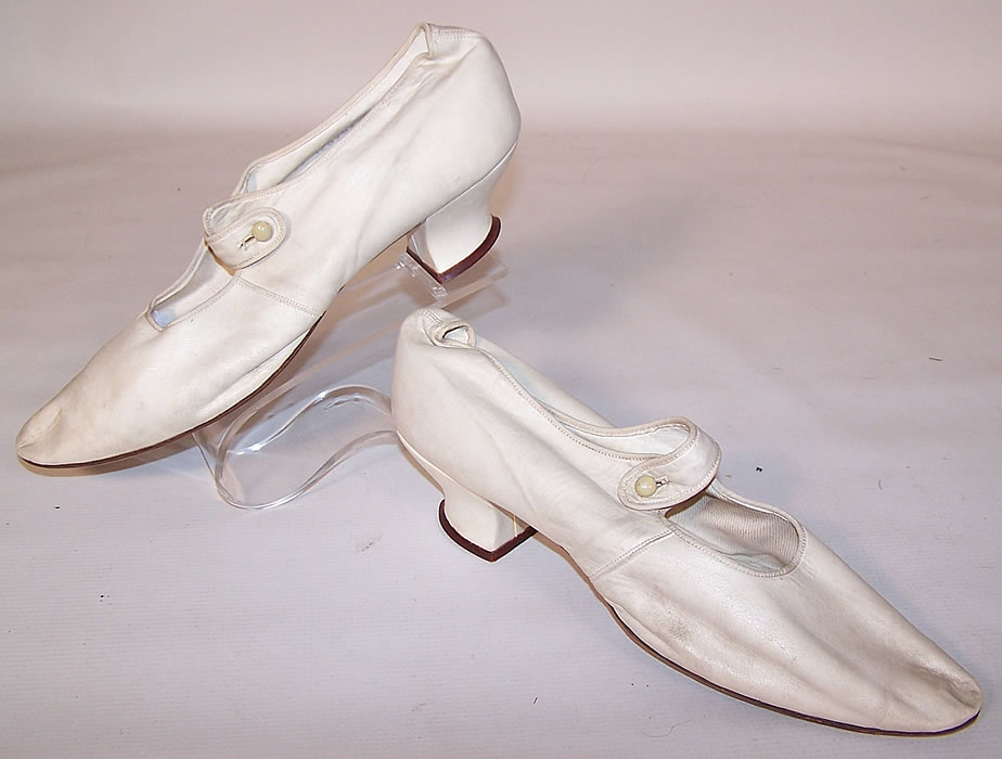 Edwardian White Kid Leather Button Strap Mary Jane Shoes