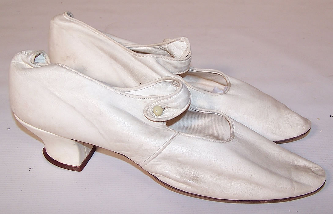 Edwardian White Kid Leather Button Strap Mary Jane Shoes