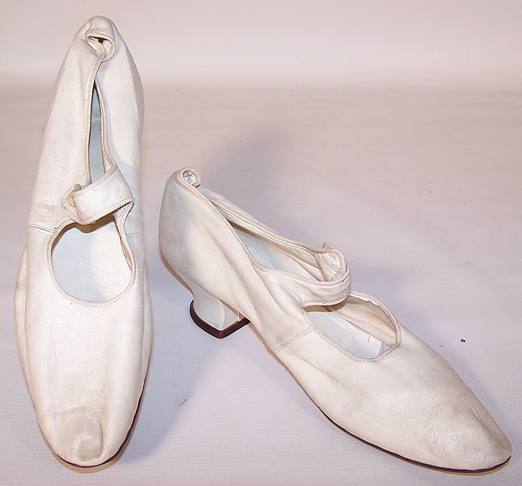 Edwardian White Kid Leather Button Strap Mary Jane Shoes