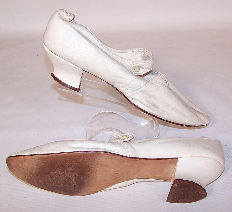 Edwardian White Kid Leather Button Strap Mary Jane Shoes