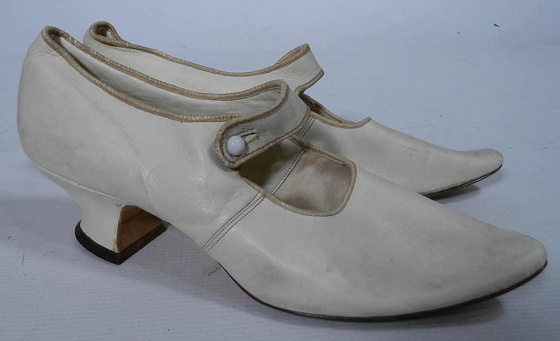 Edwardian White Kid Leather Button Strap Mary Jane Bridal Wedding Shoes