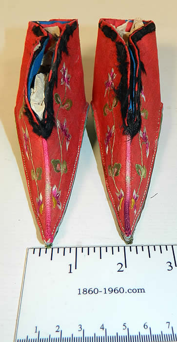 Antique Chinese Red Silk Embroidered Bound Foot Lotus Slipper Wedding Shoes