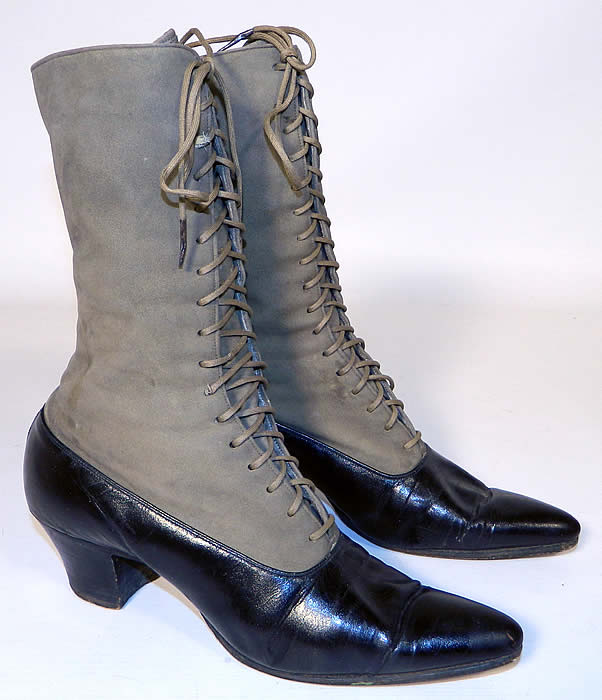 Victorian Gray Suede Black Leather Two Tone High Top Lace-up Boots