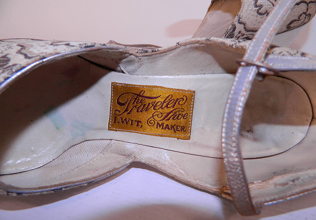 Vintage The Traveler Shoe Art Deco White Silk Silver Lam&eacute; Flapper Shoes label  close up.