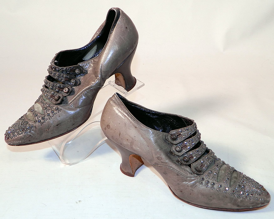 Edwardian Dove Gray Leather Steel Cut Beaded Button Strap Shoes