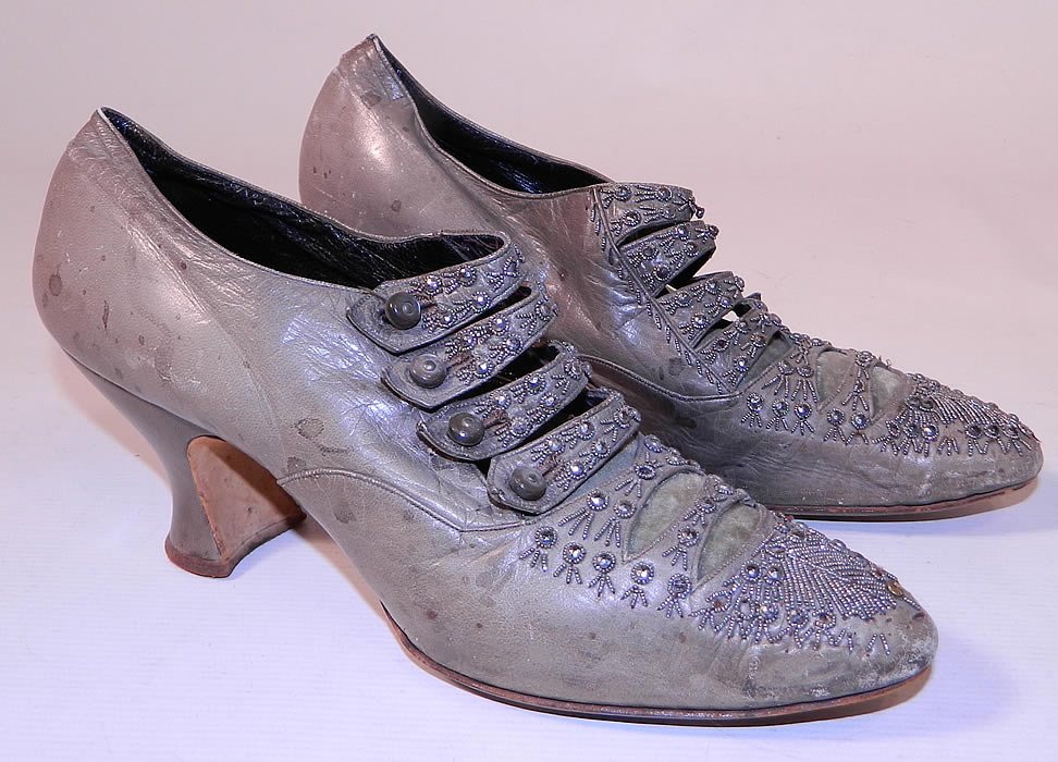 Edwardian Dove Gray Leather Steel Cut Beaded Button Strap Shoes