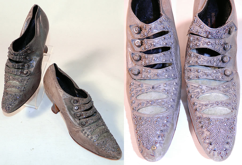 Edwardian Dove Gray Leather Steel Cut Beaded Button Strap Shoes