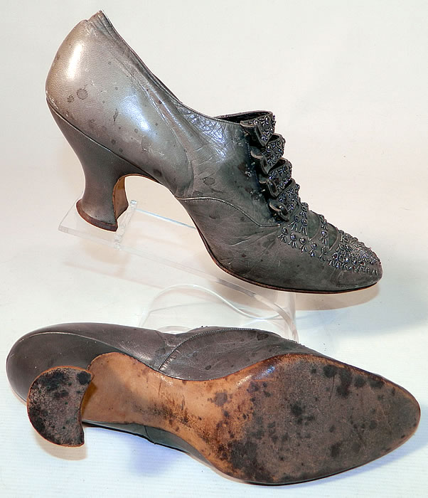Edwardian Dove Gray Leather Steel Cut Beaded Button Strap Shoes