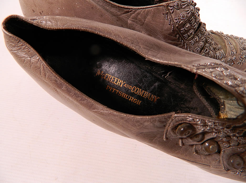 Edwardian Dove Gray Leather Steel Cut Beaded Button Strap Shoes.