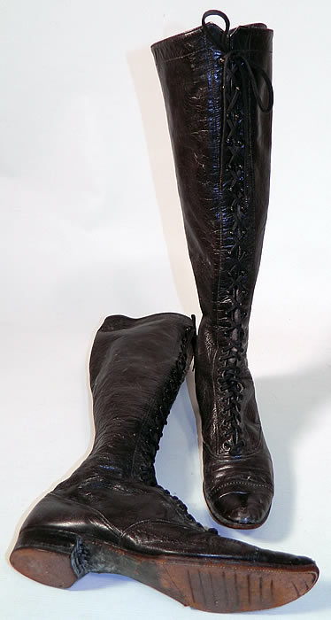 Victorian Womens Black Leather High Top Lace-up Hiking Riding Boots