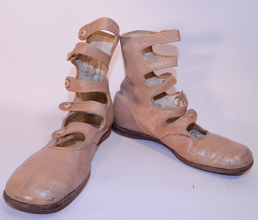 Edwardian Tan Leather High Button Strap Childrens Boots Shoes