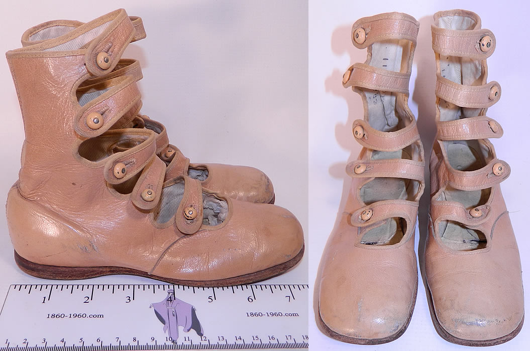 Edwardian Tan Leather High Button Strap Childrens Boots Shoes