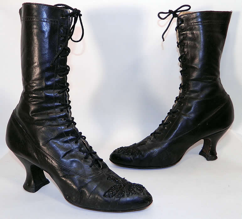 Victorian Antique Black Leather Jet Beaded High Top Lace-up Boots This pair of antique Victorian era black leather jet beaded high top lace-up boots date from 1890.