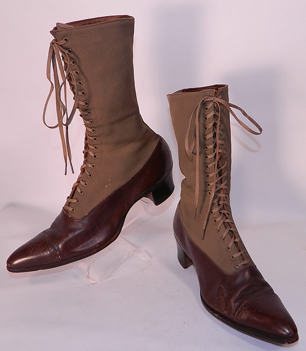 Victorian Brown Wool & Leather Two Tone High Top Lace-up Boots. The boots measure 10 1/2 inches tall, 11 inches long, 3 inches wide, with 2 inch high heels.