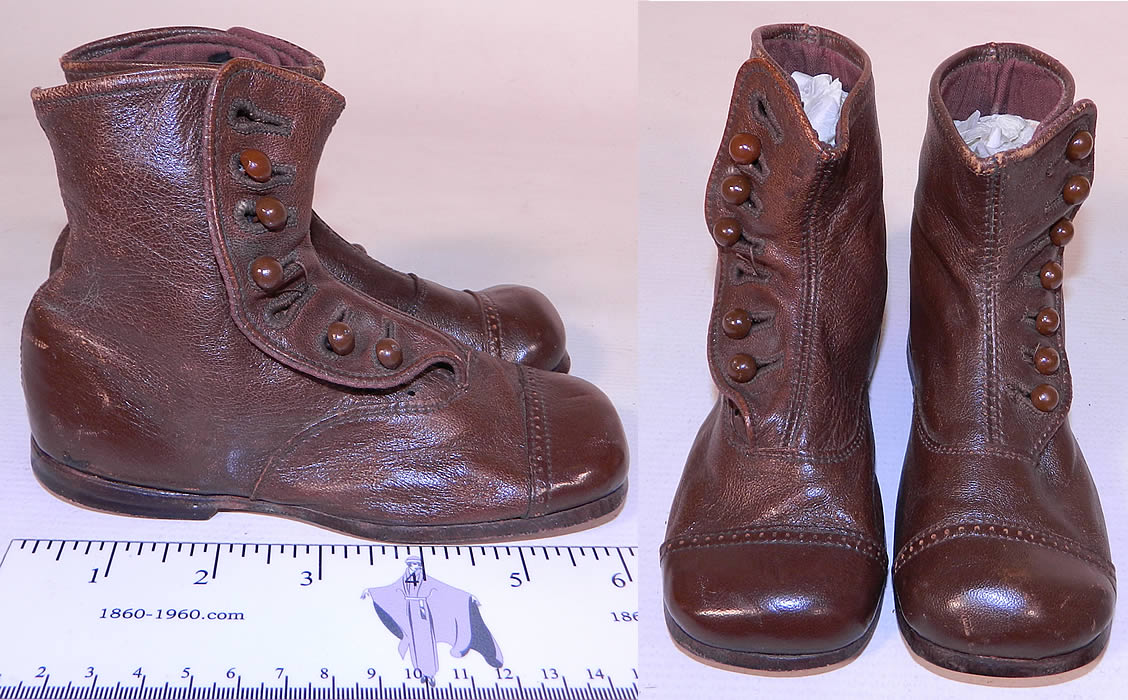 Victorian Antique Brown & Skylark Leather High Button Baby Boots Childs Shoes. The shoes measure 6 1/2 inches long, 4 1/2 inches tall and 2 1/2 inches wide. They are in good condition and look to have never been worn, with only some minor scuffs from storage.