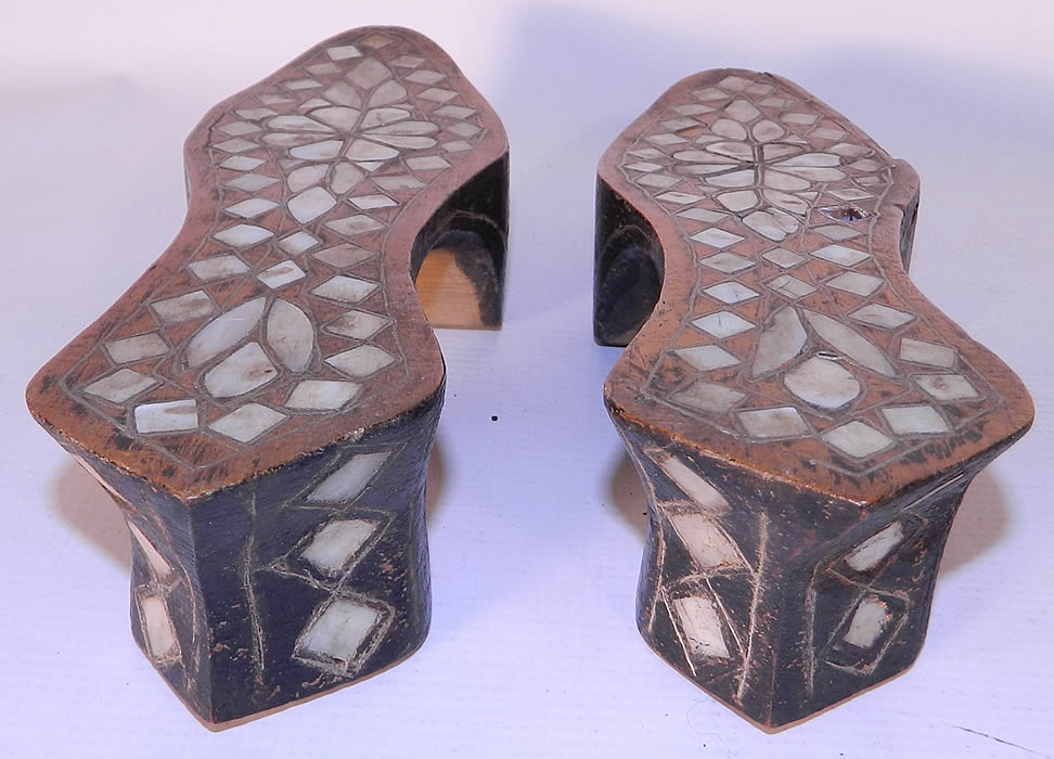 Antique Middle Eastern Mother of Pearl Inlaid Hand Carved Wooden Shoes.These unique ladies mules slipper shoes sandal bottoms have a platform front lift, high heels and are missing the upper strap across the instep. This style of shoe was worn by women in Egypt, Lebanon and Syria. 