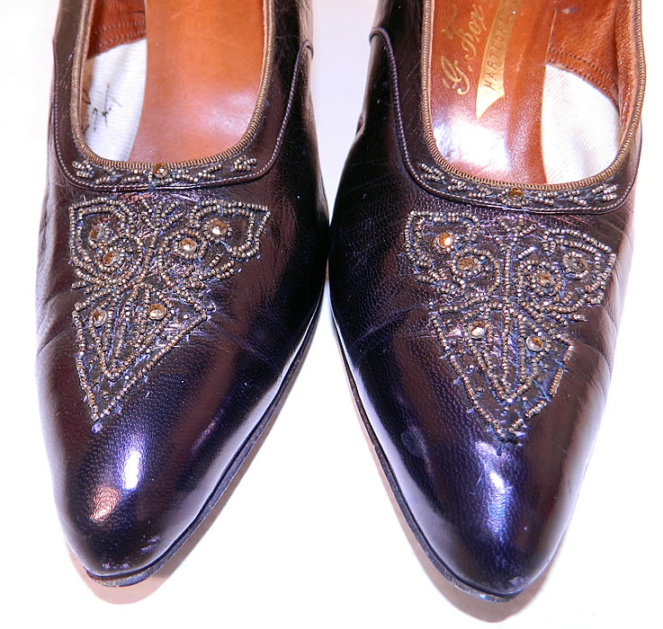 Vintage G. Fox & Co.  Edwardian Titanic Era Iridescent Aubergine Bronze Beaded Shoes. They have been gently worn and are in good condition. These are truly a beautiful quality made Titanic era antique shoe! 