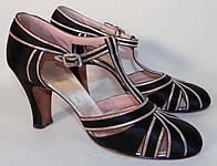 Vintage Saks Fifth Avenue Art Deco Silver Lam&eacute; Black Satin T-Strap Shoes