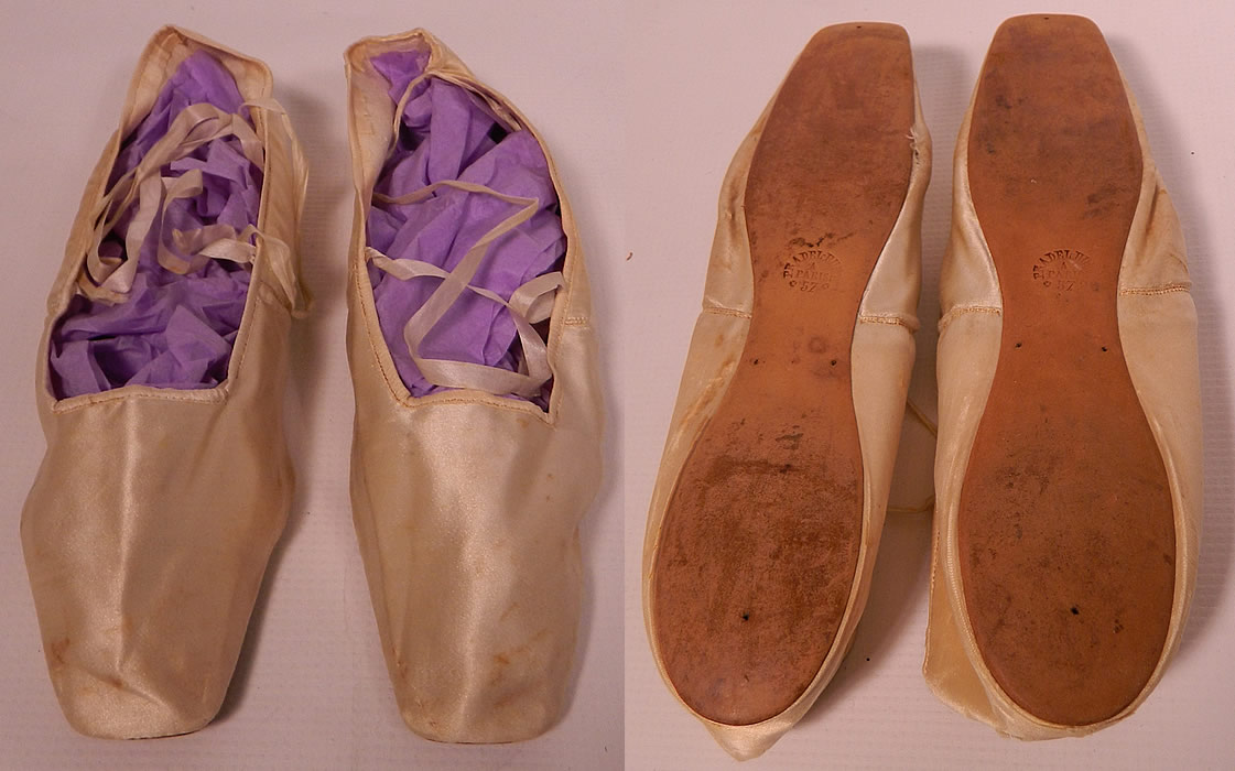 Antique Pradel Huet Paris Label White Silk Ribbon Tie Straight Sole Shoes. This pair of antique Pradel Huet Paris label white silk ribbon tie straight sole shoes date from the 1830s. They are hand stitched and made of an off white cream color silk fabric and lined in linen, kid leather.